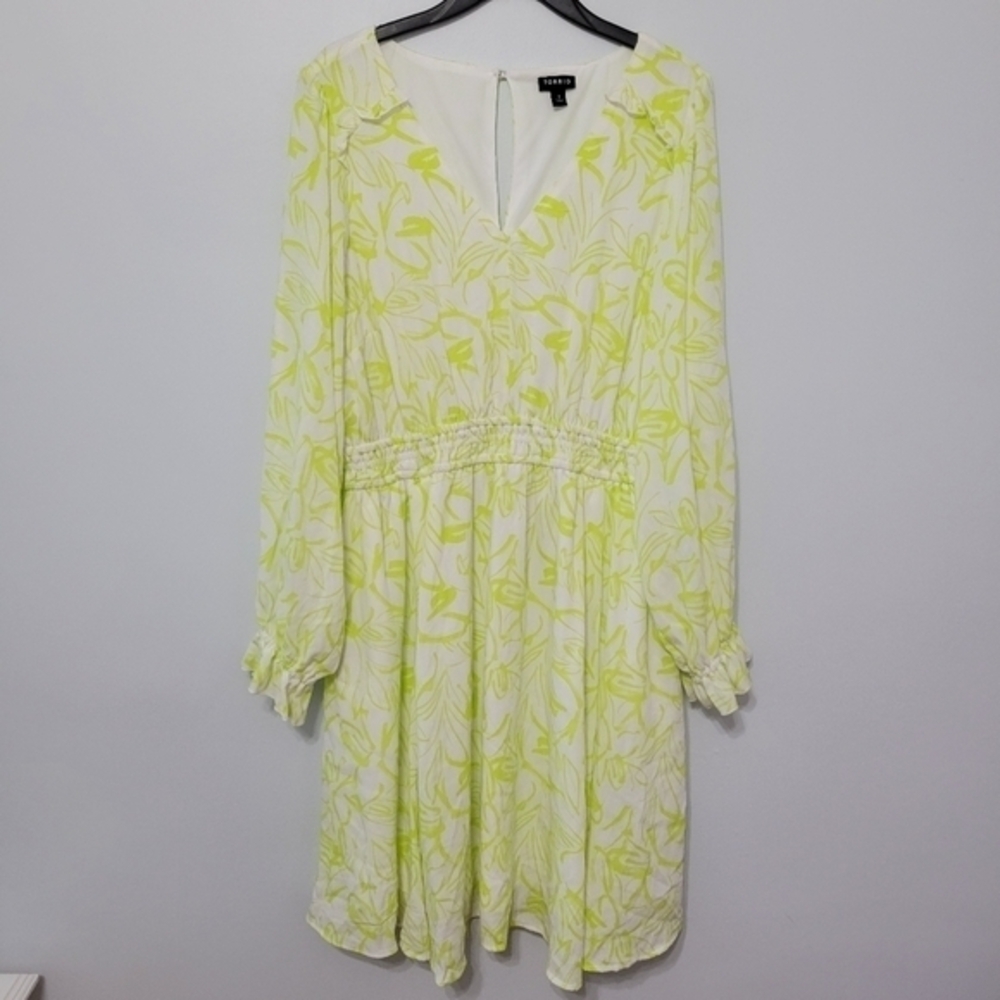 Torrid Mini Wash Gauze Wide‎ Waist Skater Dress Size 1X Floral Yellow Green Lime - Picture 2 of 16